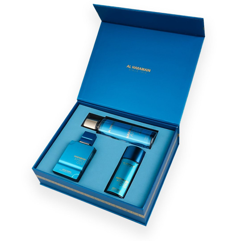 Al Haramain Amber Oud Aqua Dubai gift set (EXP 75 ml + EXP 30 ml + body mist 250 ml)