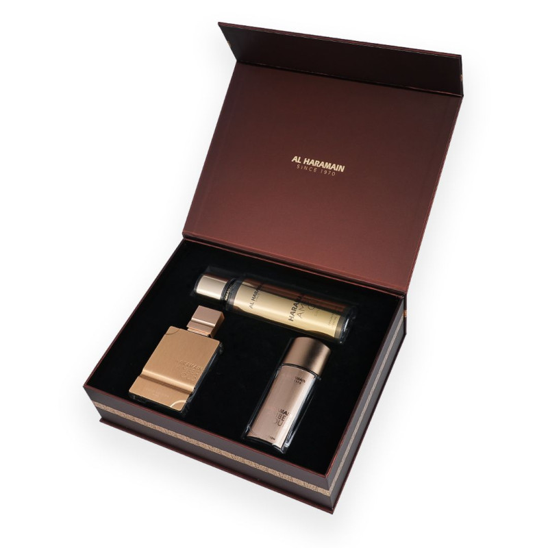 Al Haramain Amber Oud Gold Edition gift set (EDP 75 ml + EDP 30 ml + body mist 250 ml)