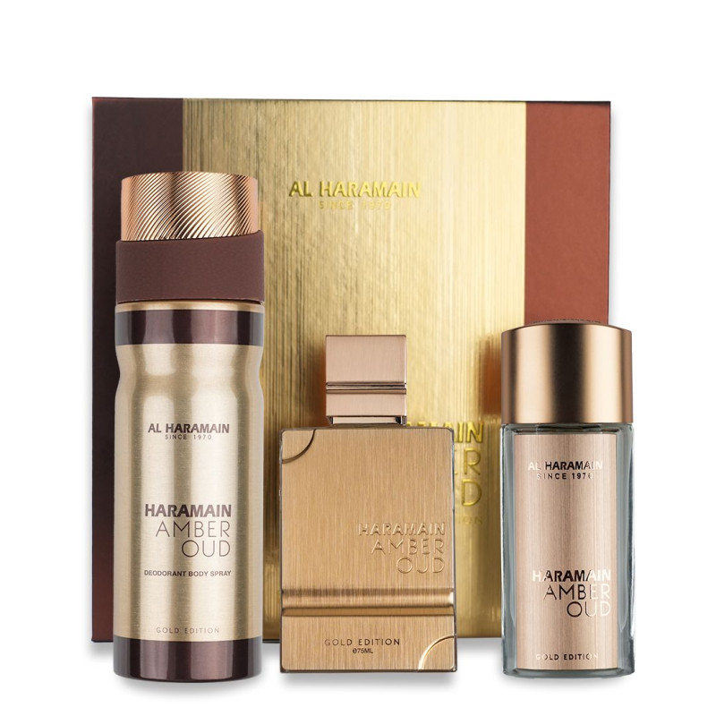 Al Haramain Amber Oud Gold Edition gift set (EDP 75 ml + EDP 30 ml + body mist 250 ml) - Image 3