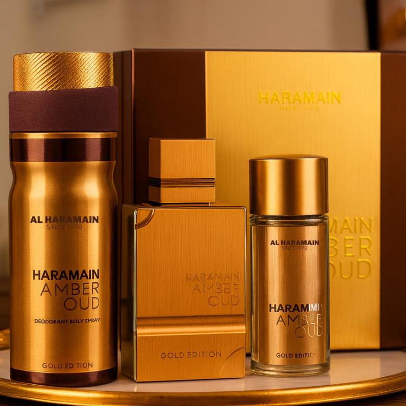 Al Haramain Amber Oud Gold Edition gift set (EDP 75 ml + EDP 30 ml + body mist 250 ml) - Image 6